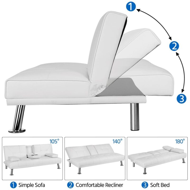 Renwick LuxuryGoods Modern Faux Leather Futon with Cupholders and Pillows, White - Image 5