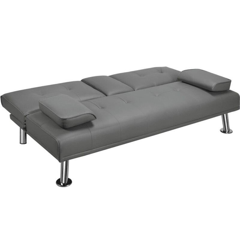 Renwick LuxuryGoods Modern Faux Leather Futon with Cupholders and Pillows, Gray - Image 2