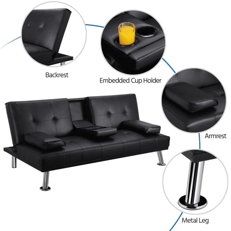 Renwick LuxuryGoods Modern Faux Leather Futon with Cupholders and Pillows, Black - Image 6