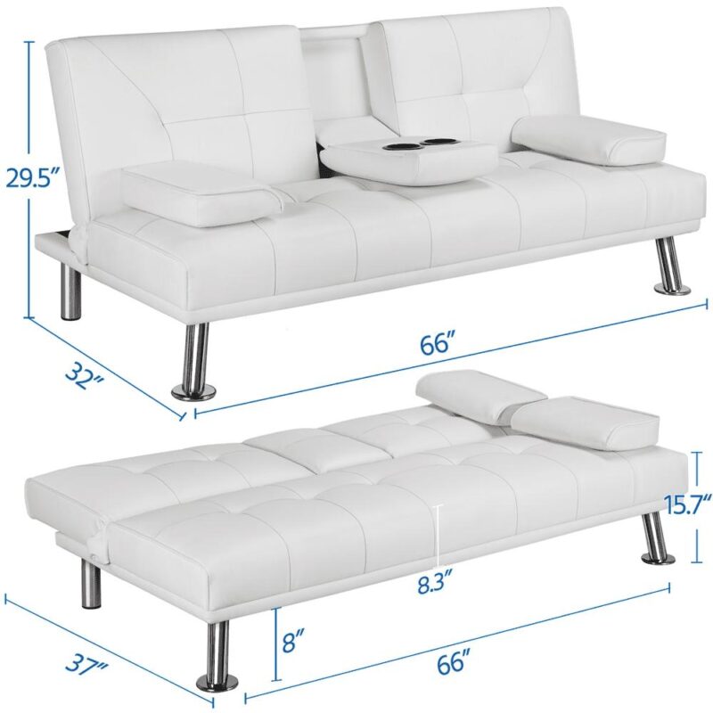 Renwick LuxuryGoods Modern Faux Leather Futon with Cupholders and Pillows, White - Image 3