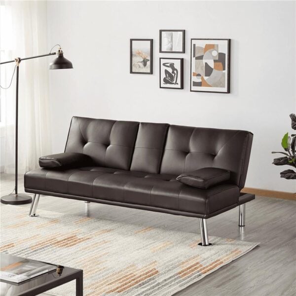 Renwick LuxuryGoods Modern Faux Leather Futon with Cupholders and Pillows, Espresso