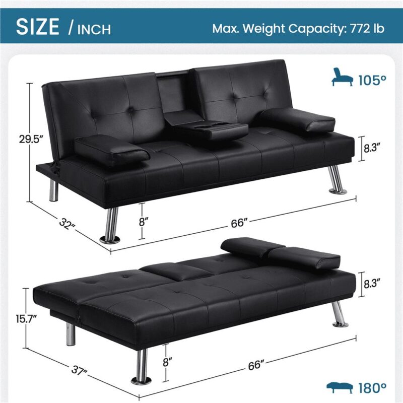 Renwick LuxuryGoods Modern Faux Leather Futon with Cupholders and Pillows, Black - Image 4