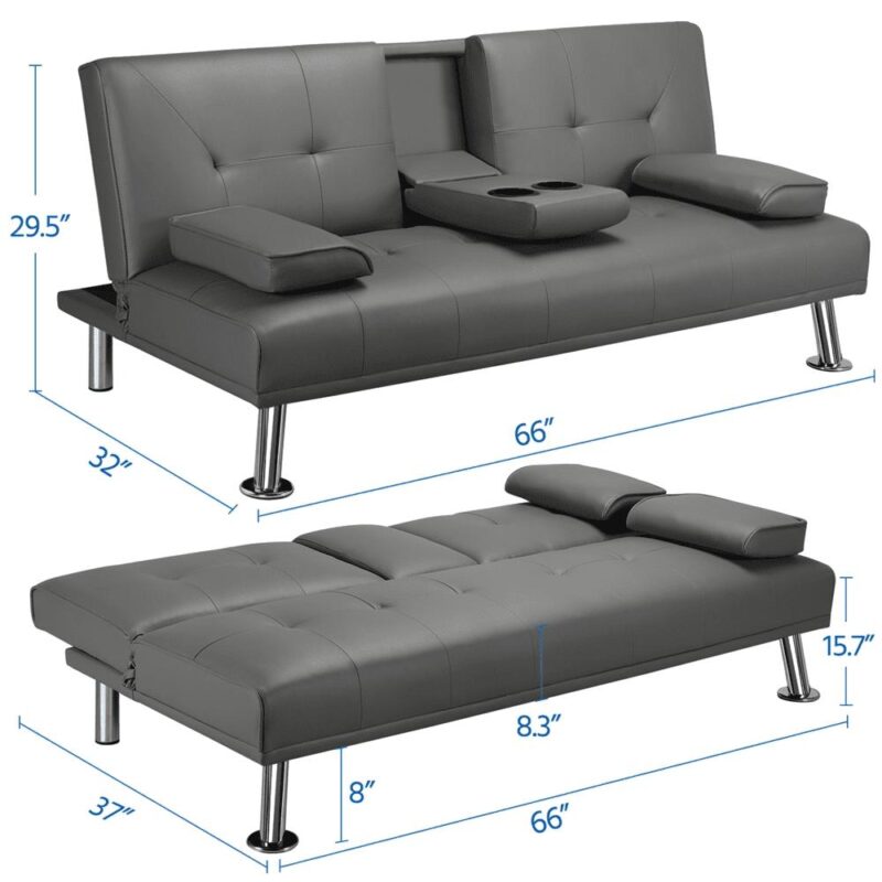 Renwick LuxuryGoods Modern Faux Leather Futon with Cupholders and Pillows, Gray - Image 6