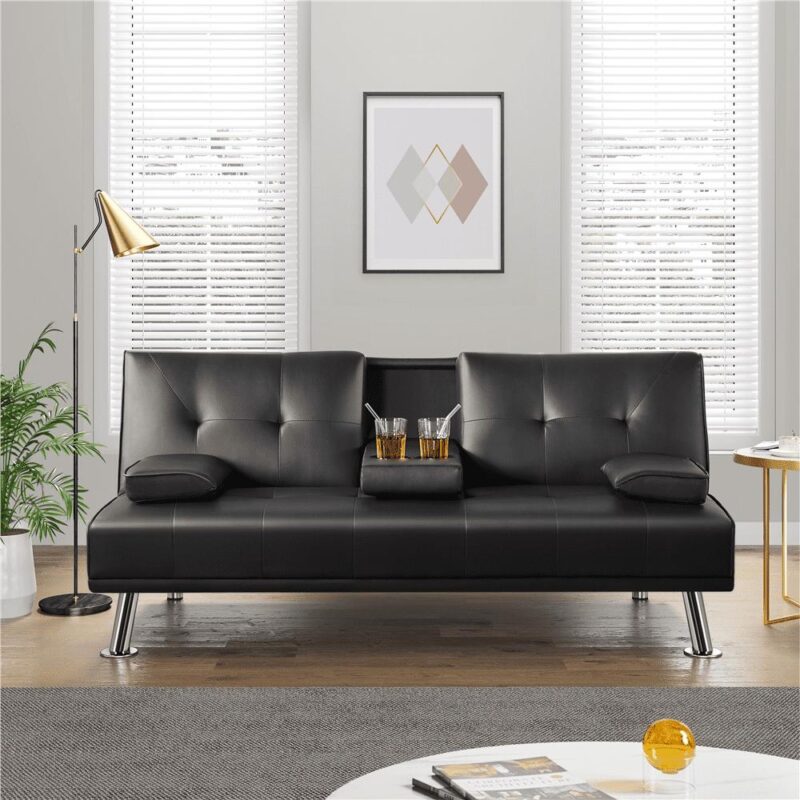 Renwick LuxuryGoods Modern Faux Leather Futon with Cupholders and Pillows, Black - Image 2
