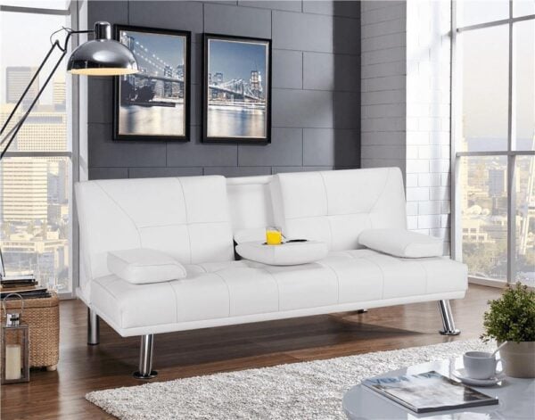 Renwick LuxuryGoods Modern Faux Leather Futon with Cupholders and Pillows, White