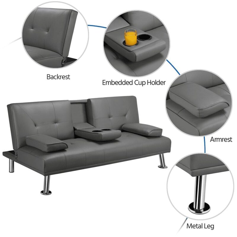 Renwick LuxuryGoods Modern Faux Leather Futon with Cupholders and Pillows, Gray - Image 4