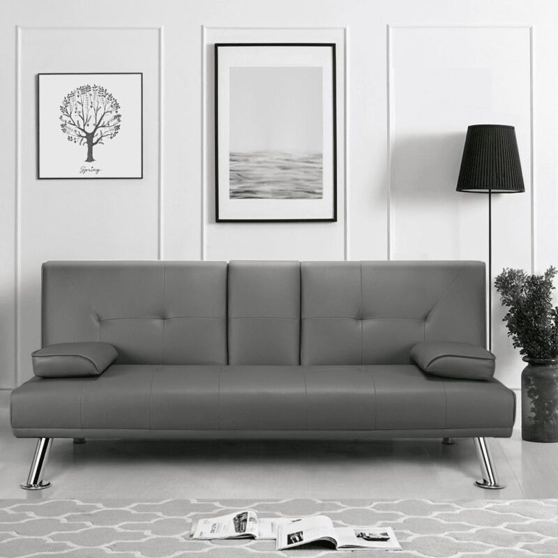 Renwick LuxuryGoods Modern Faux Leather Futon with Cupholders and Pillows, Gray - Image 8