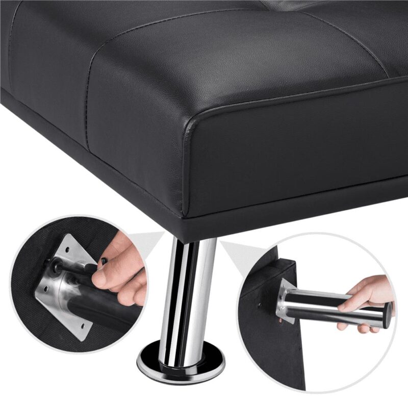 Renwick LuxuryGoods Modern Faux Leather Futon with Cupholders and Pillows, Black - Image 5
