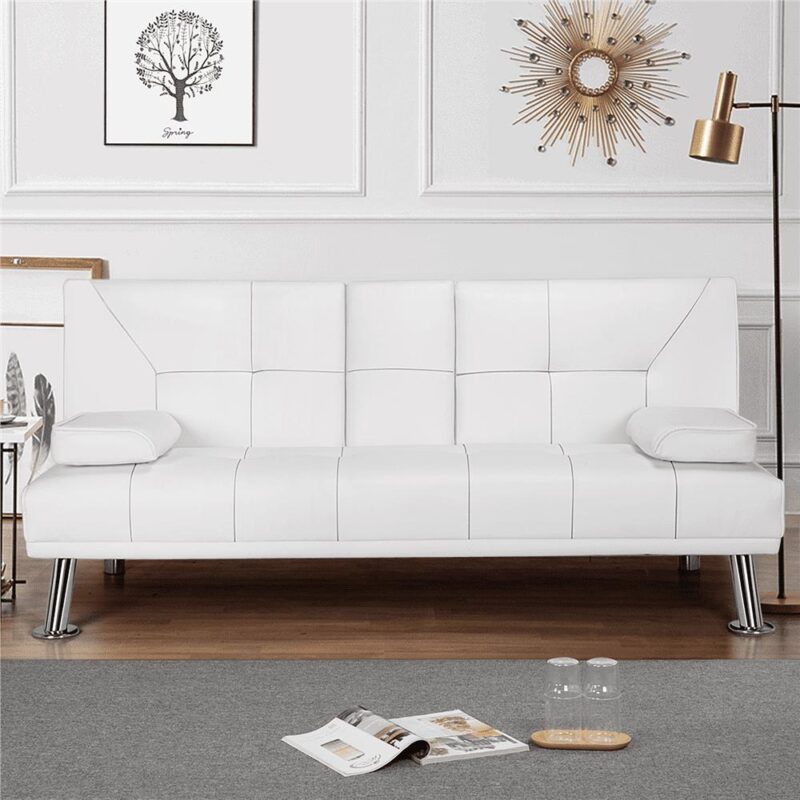 Renwick LuxuryGoods Modern Faux Leather Futon with Cupholders and Pillows, White - Image 9