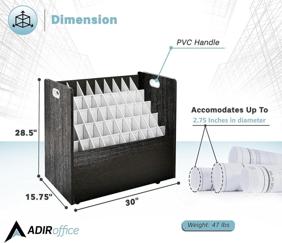 AdirOffice 50 - compartment Black Mobile Wood Roll File Storage Organizer - Image 3