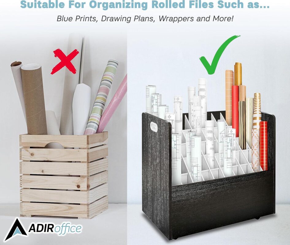 AdirOffice 50 - compartment Black Mobile Wood Roll File Storage Organizer - Image 7