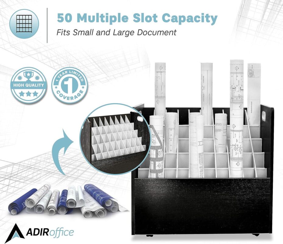 AdirOffice 50 - compartment Black Mobile Wood Roll File Storage Organizer - Image 5