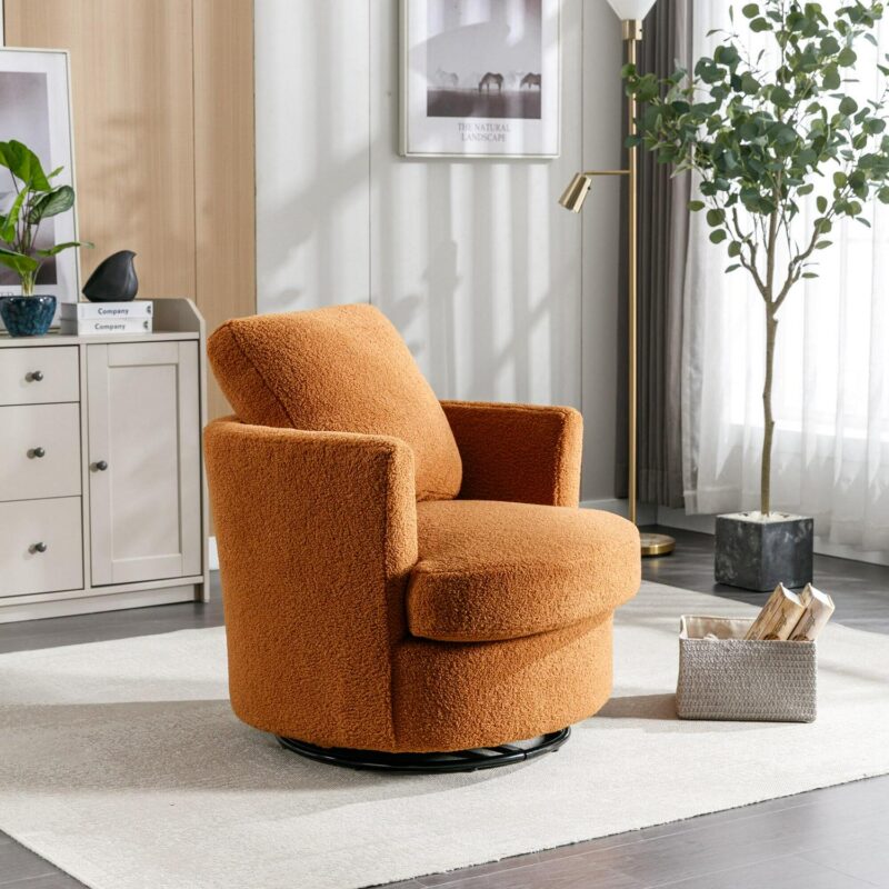 Aortzio Modern CARAMEL Boucle Swivel Barrel Chair - Image 7