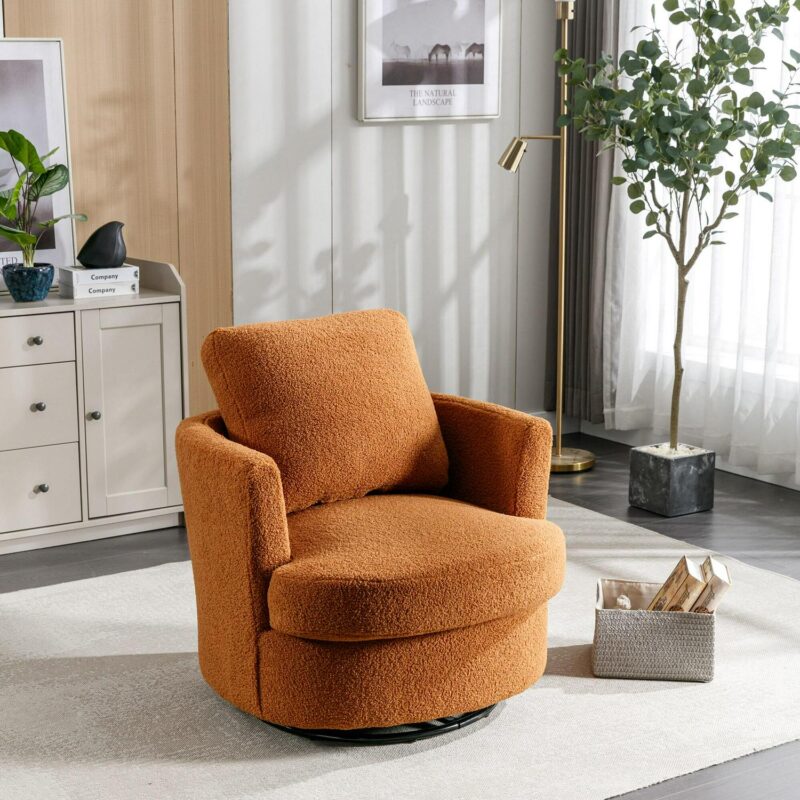 Aortzio Modern CARAMEL Boucle Swivel Barrel Chair - Image 2