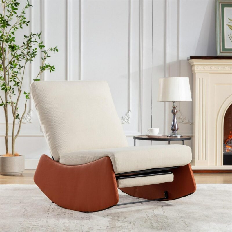 BABOOM Modern Rocking Chair Recliner Modern Orange and White Corduroy Rocking Chair - Image 4