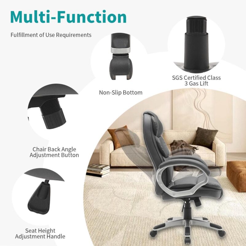 BWE Black Contemporary Ergonomic Adjustable Height Swivel Faux Leather Desk Chair - Image 5