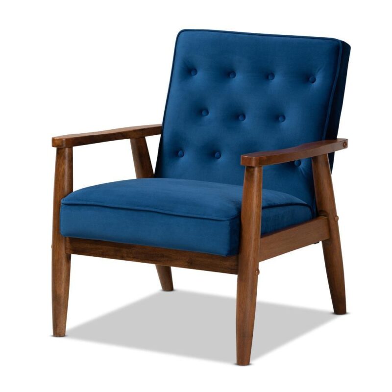 Baxton Studio Sorrento Midcentury Navy Blue/Brown Accent Chair