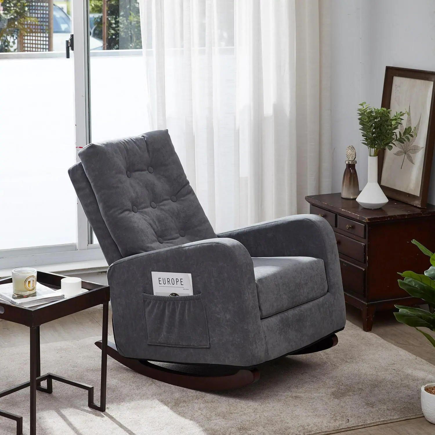 Bayfeve Single Sofa Reclining Chair Antique Gray Velvet Upholstered Tufted Recliner 6 Bayfeve Single Sofa Reclining Chair Antique Gray Velvet Upholstered Tufted Recliner - Image 6