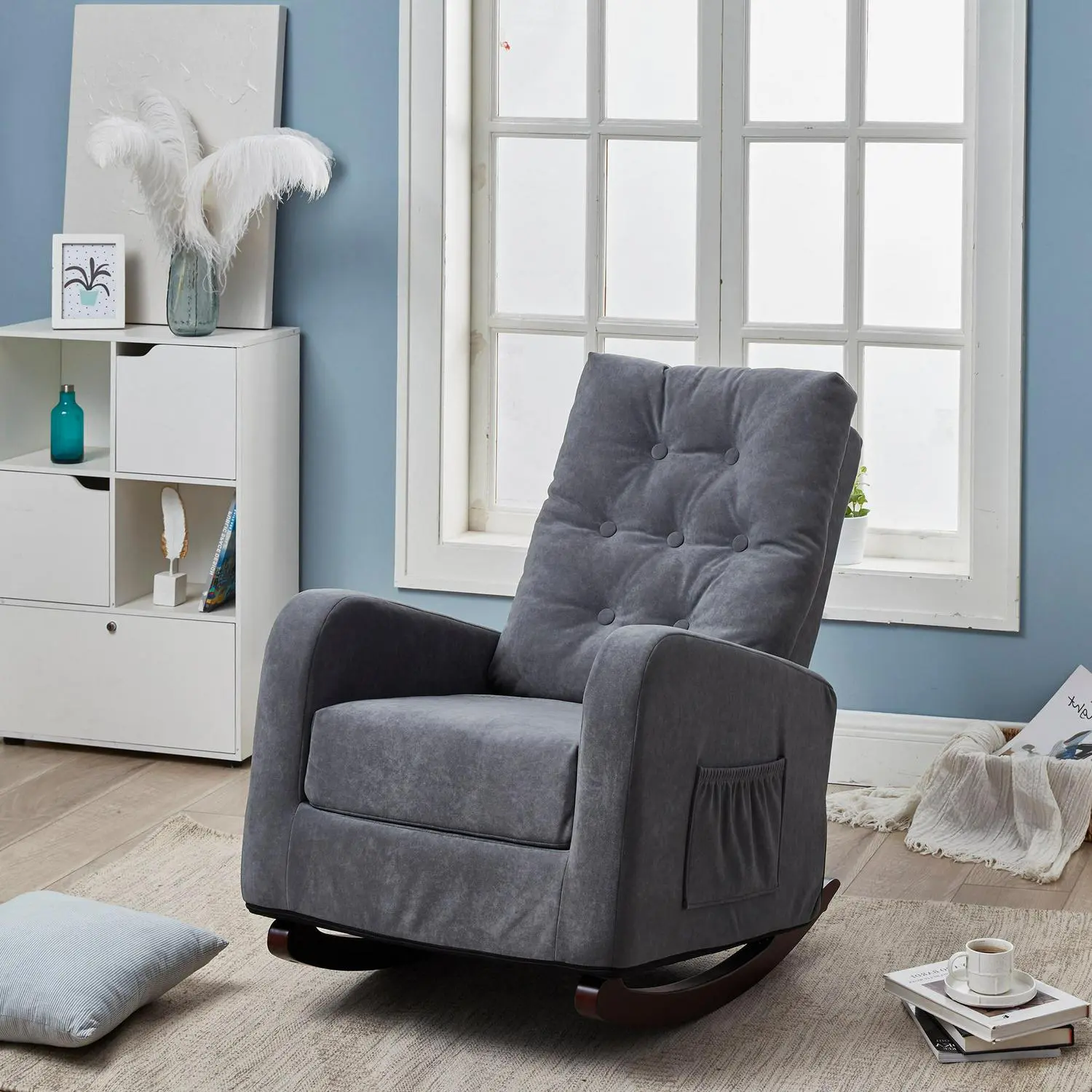 Bayfeve Single Sofa Reclining Chair Antique Gray Velvet Upholstered Tufted Recliner 8 Bayfeve Single Sofa Reclining Chair Antique Gray Velvet Upholstered Tufted Recliner - Image 8