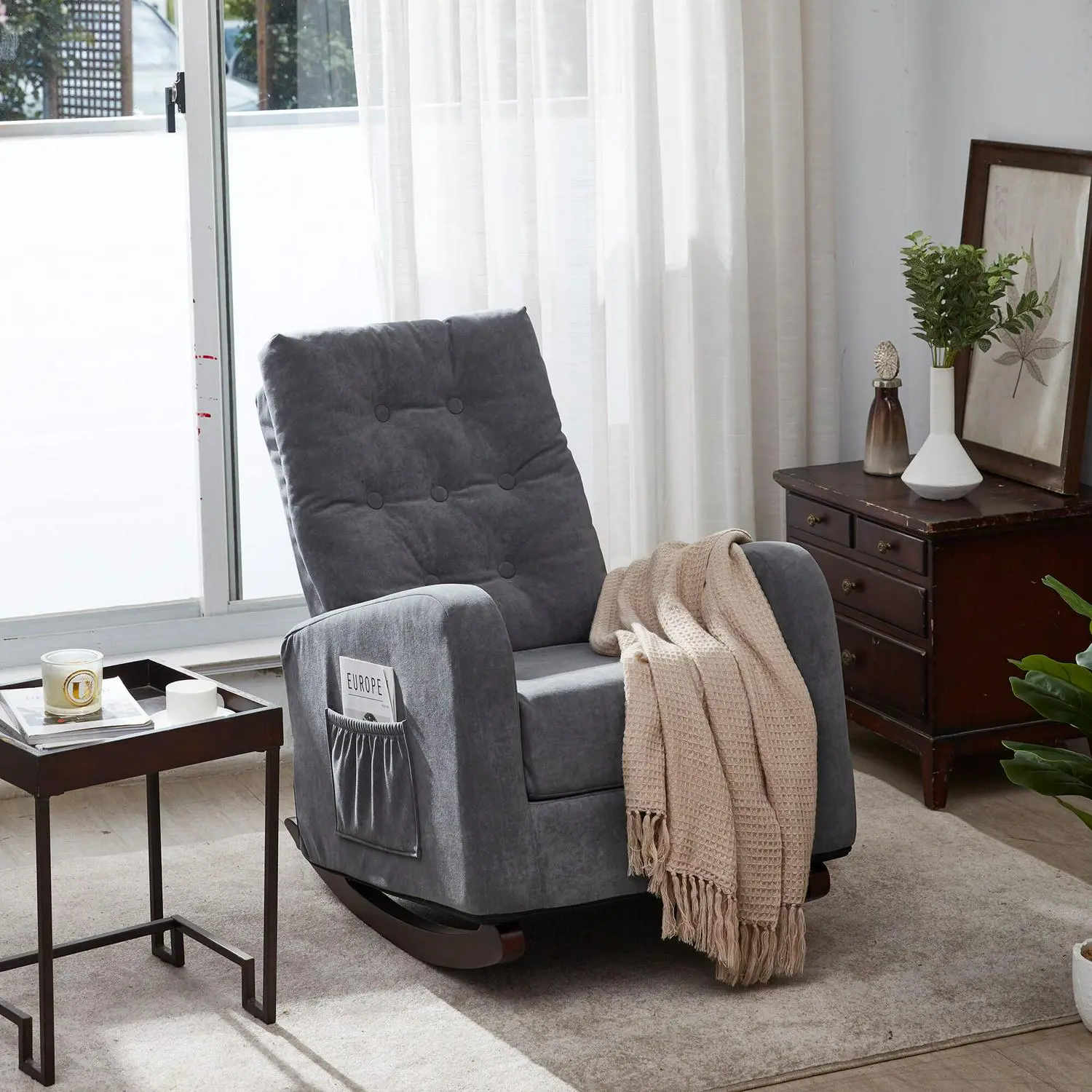 Bayfeve Single Sofa Reclining Chair Antique Gray Velvet Upholstered Tufted Recliner 3 Bayfeve Single Sofa Reclining Chair Antique Gray Velvet Upholstered Tufted Recliner - Image 3
