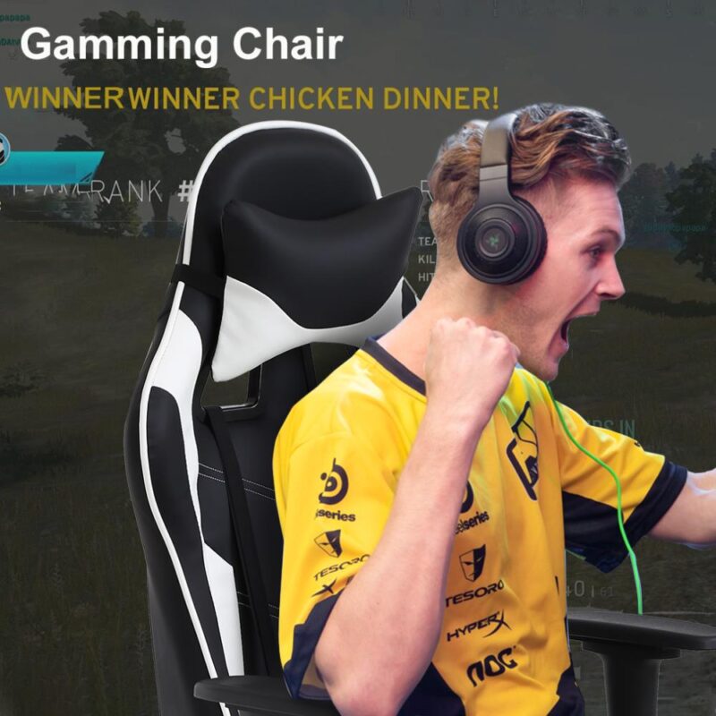 BestOffice White Contemporary Ergonomic Adjustable Height Swivel Faux Leather Gaming Chair - Image 2