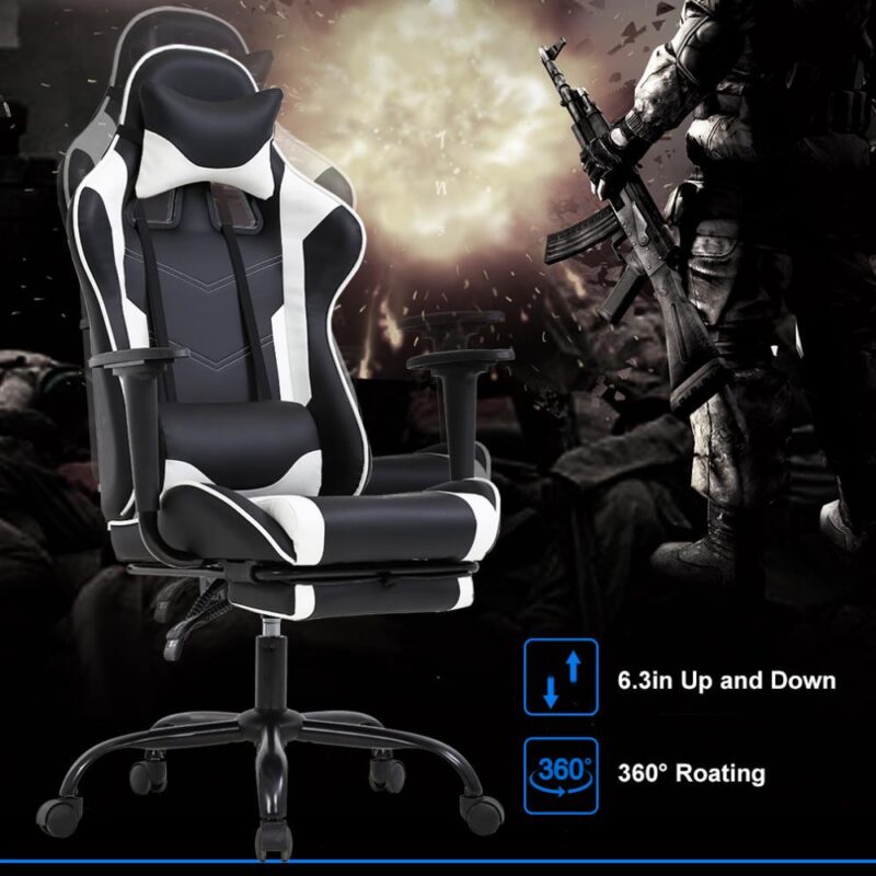 BestOffice White Contemporary Ergonomic Adjustable Height Swivel Faux Leather Gaming Chair - Image 6