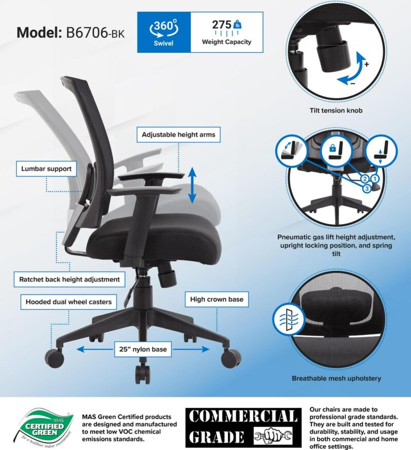 Boss Office Products Black Contemporary Ergonomic Adjustable Height Swivel Mesh Task Chair - Image 7