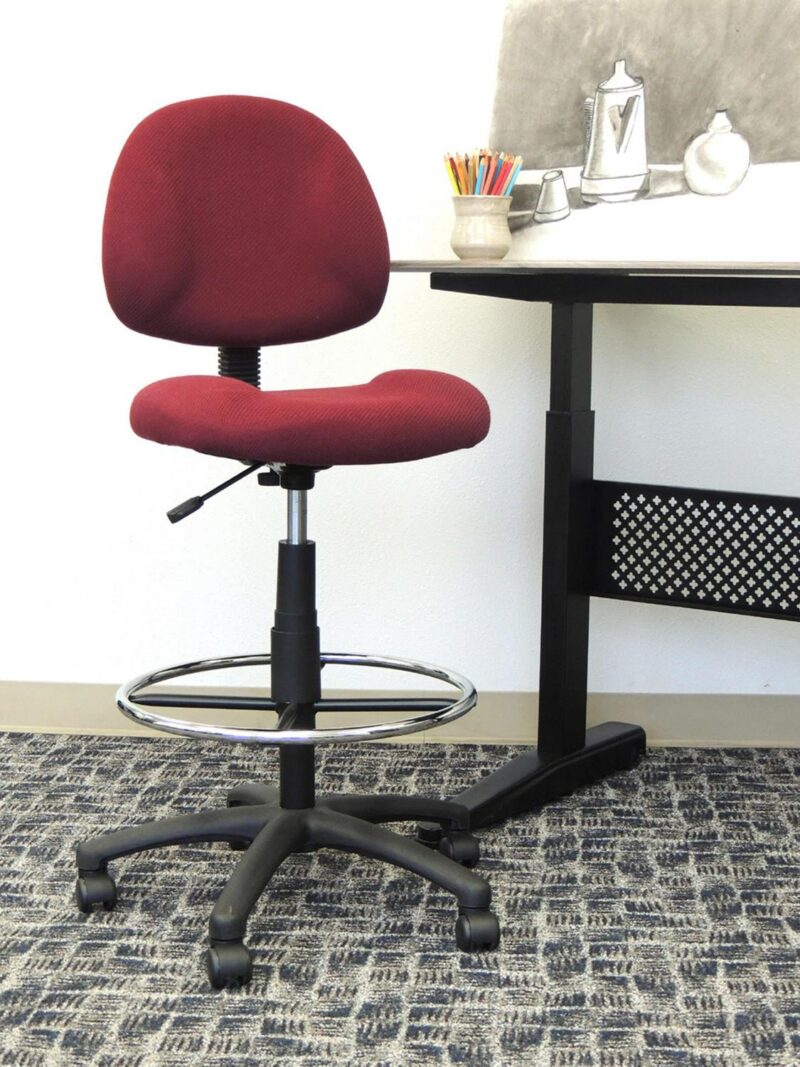 Boss Office Products Burgundy Contemporary Ergonomic Adjustable Height Swivel Upholstered Drafting Chair - Image 8