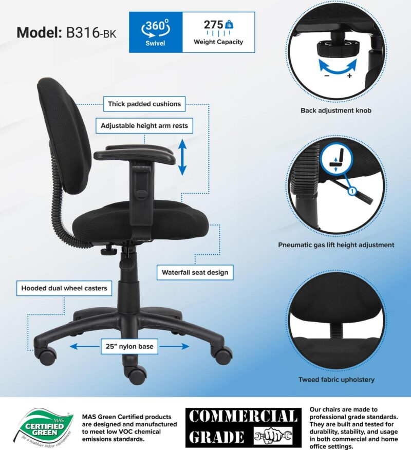 Boss Office Products Black Contemporary Ergonomic Adjustable Height Swivel Upholstered Task Chair - Image 8