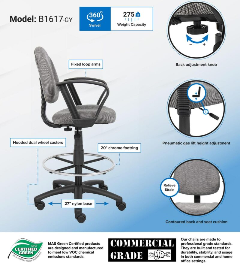 Boss Office Products Grey Contemporary Ergonomic Adjustable Height Swivel Upholstered Drafting Chair - Image 7