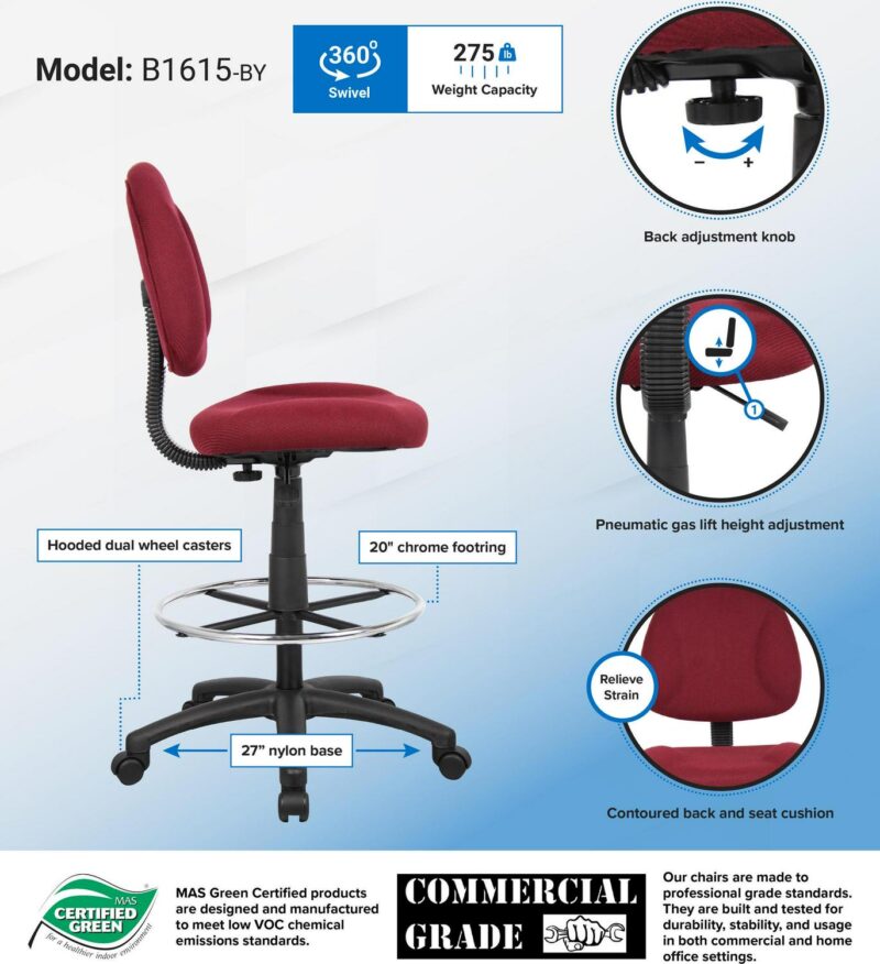 Boss Office Products Burgundy Contemporary Ergonomic Adjustable Height Swivel Upholstered Drafting Chair - Image 7