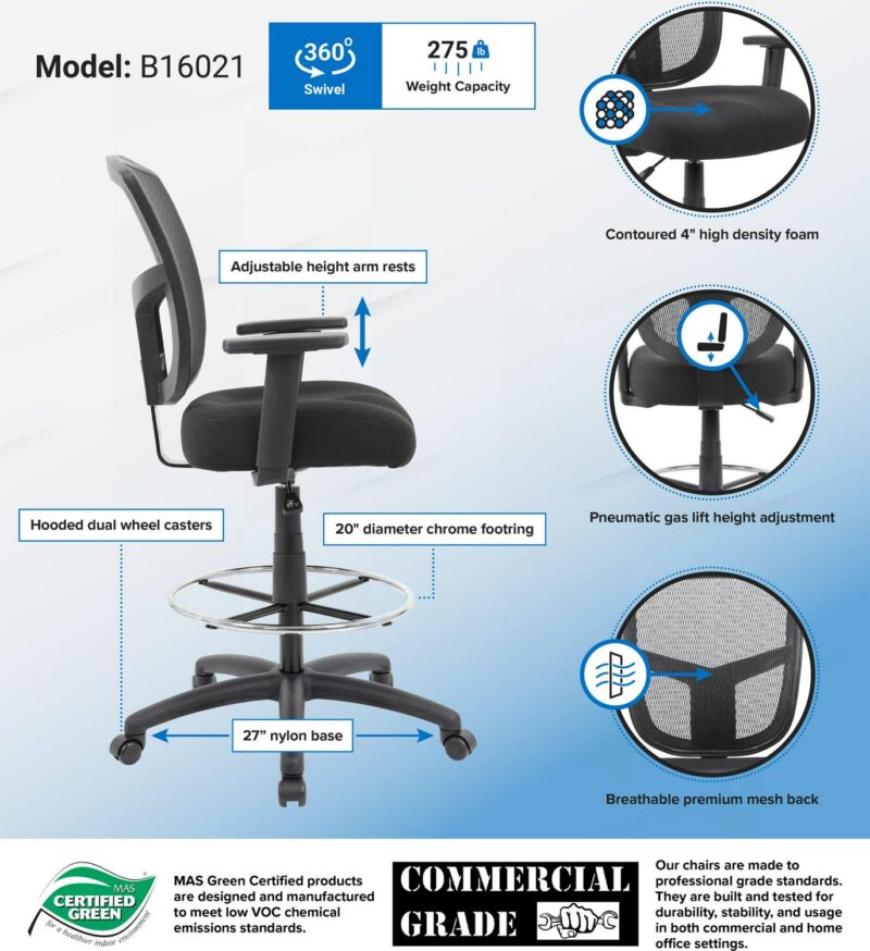 Boss Office Products Black Contemporary Ergonomic Adjustable Height Swivel Mesh Drafting Chair - Image 6