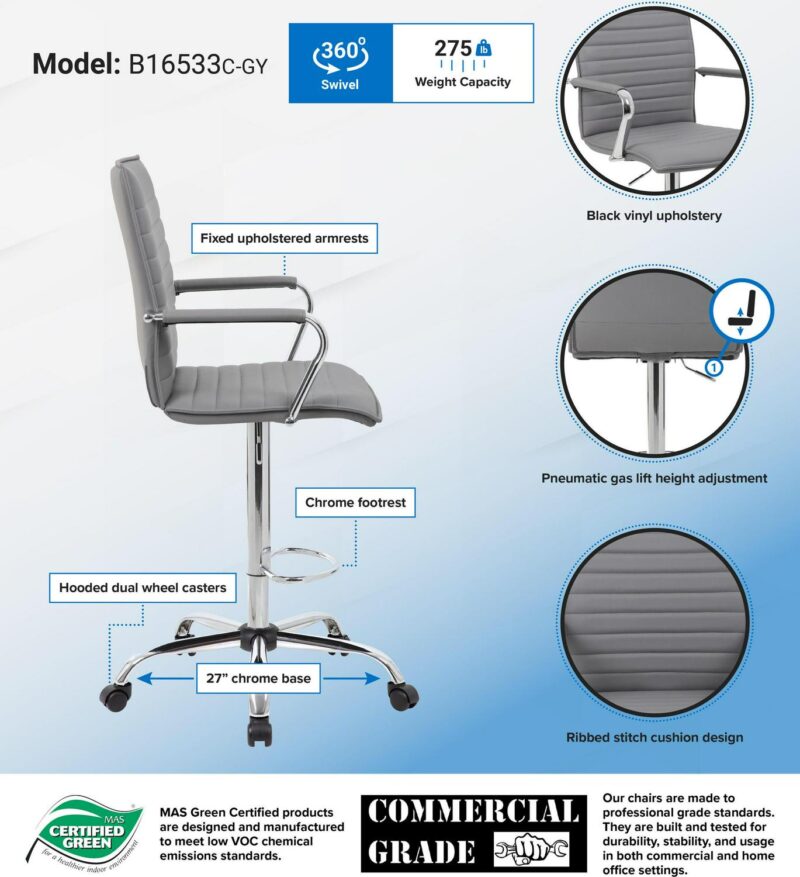 Boss Office Products Grey Contemporary Ergonomic Adjustable Height Swivel Upholstered Drafting Chair - Image 6