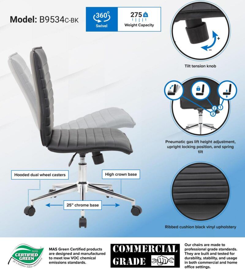Boss Office Products Grey Contemporary Ergonomic Adjustable Height Swivel Upholstered Task Chair - Image 6