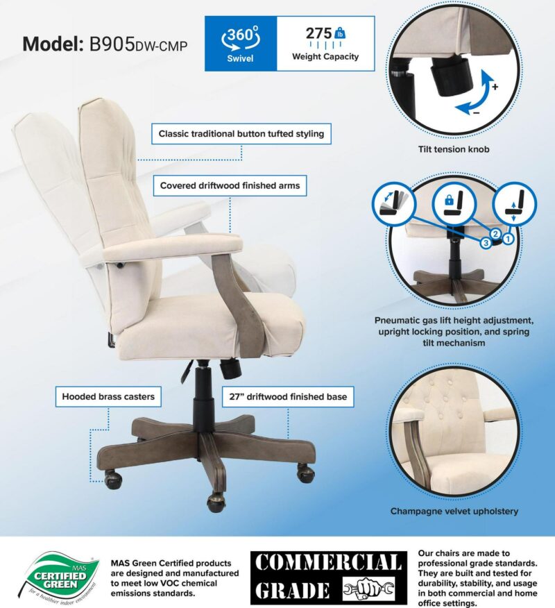 Boss Office Products Champagne Contemporary Ergonomic Adjustable Height Swivel Upholstered Executive Chair - Image 6
