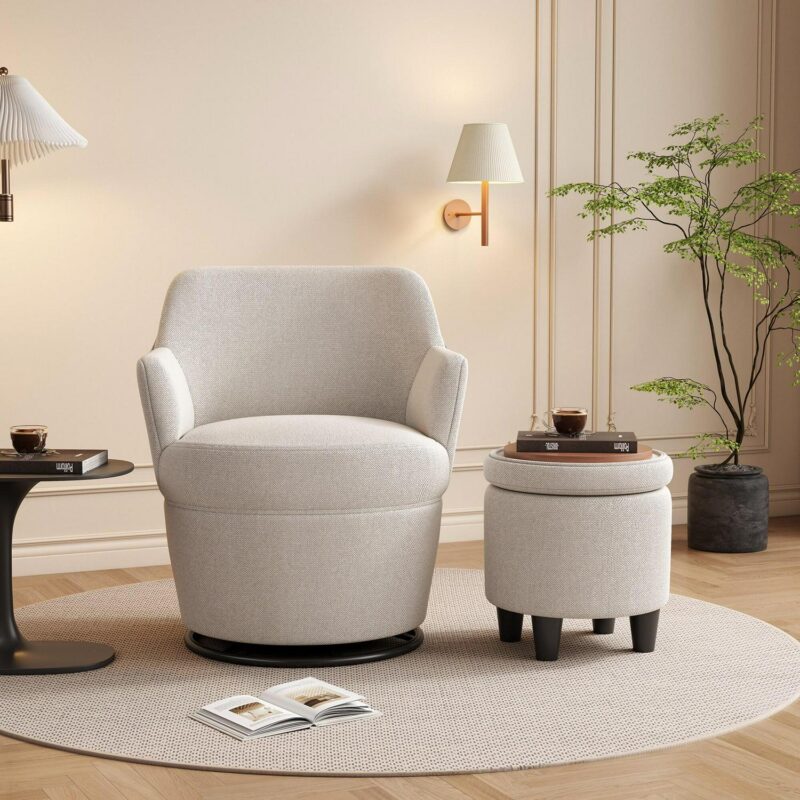 Bybafun Modern White Linen Swivel Accent Chair - Image 3