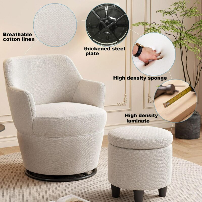 Bybafun Modern White Linen Swivel Accent Chair - Image 12