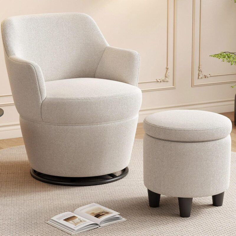 Bybafun Modern White Linen Swivel Accent Chair - Image 8