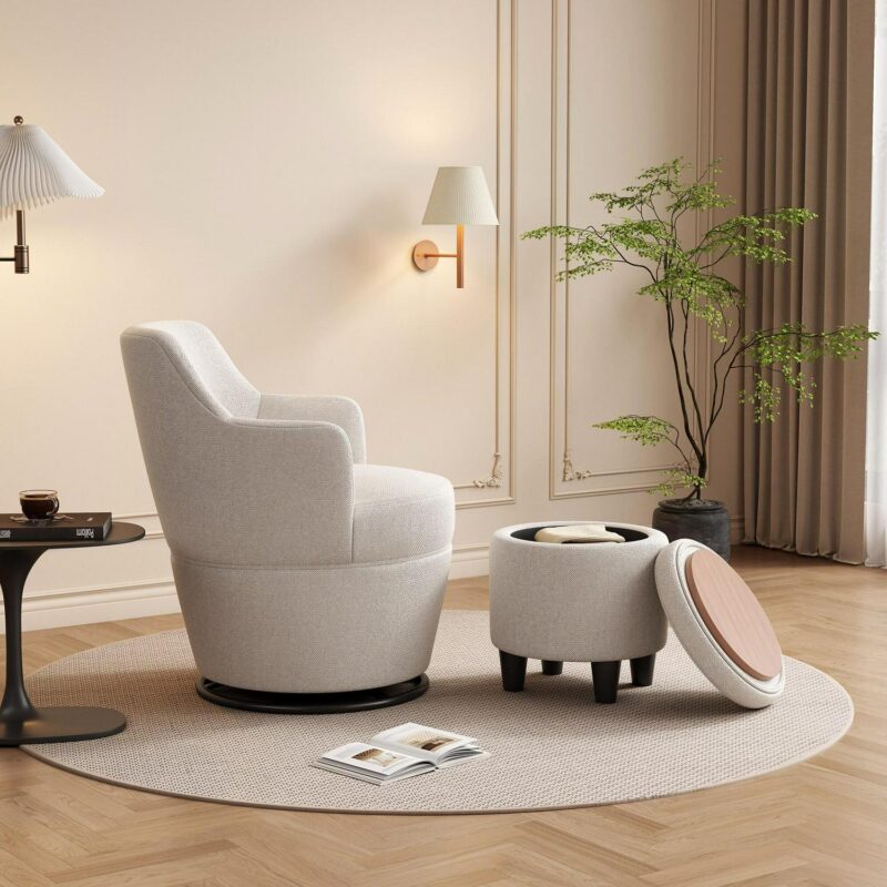 Bybafun Modern White Linen Swivel Accent Chair - Image 4