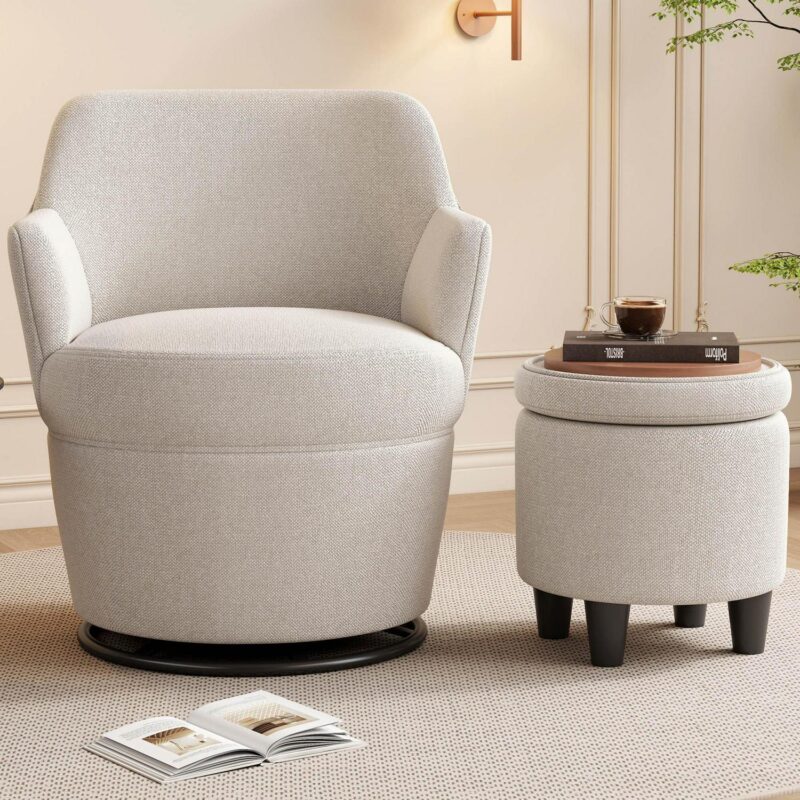Bybafun Modern White Linen Swivel Accent Chair - Image 11