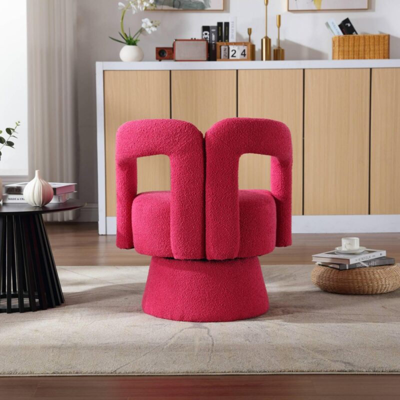 CESICIA Modern Rose Red Boucle Swivel Accent Chair - Image 16