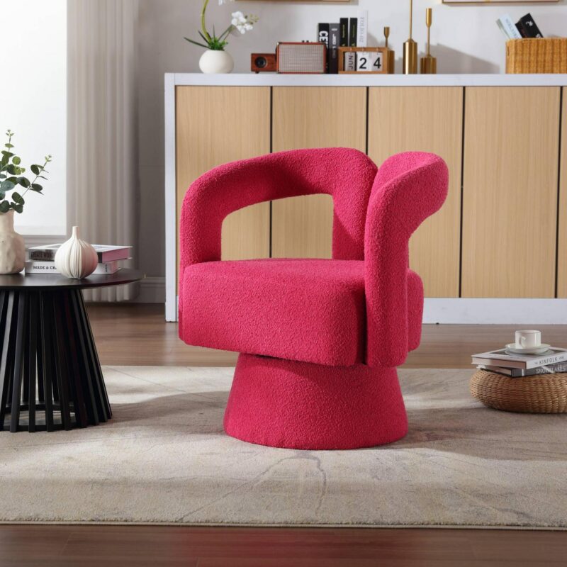 CESICIA Modern Rose Red Boucle Swivel Accent Chair - Image 14