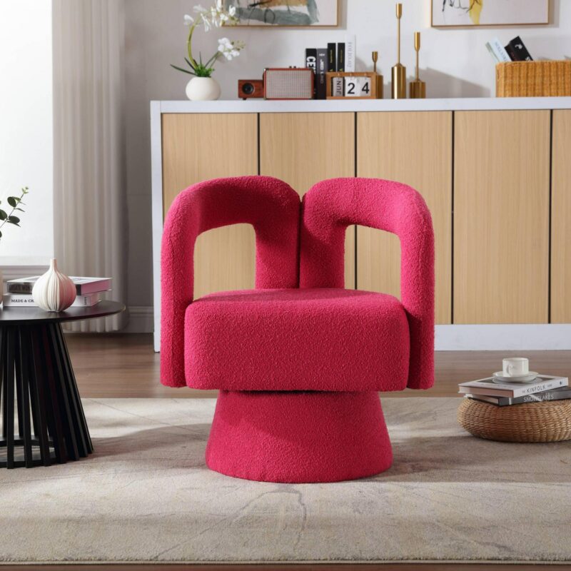 CESICIA Modern Rose Red Boucle Swivel Accent Chair - Image 18