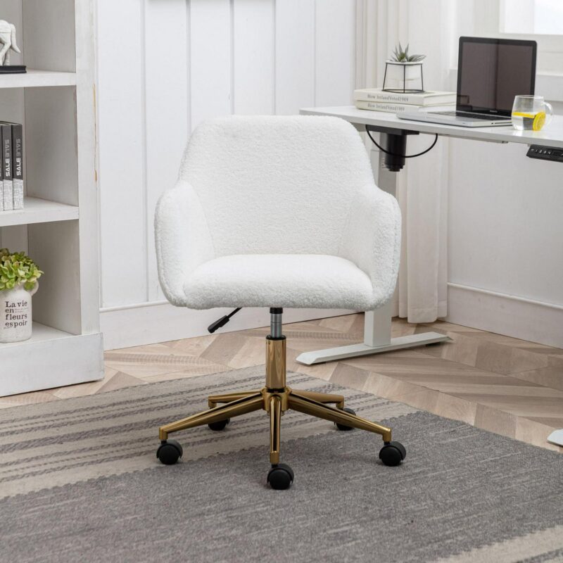 Clihome White Teddy Fabric Chairs White Contemporary Adjustable Height Swivel Fabric Desk Chair - Image 6