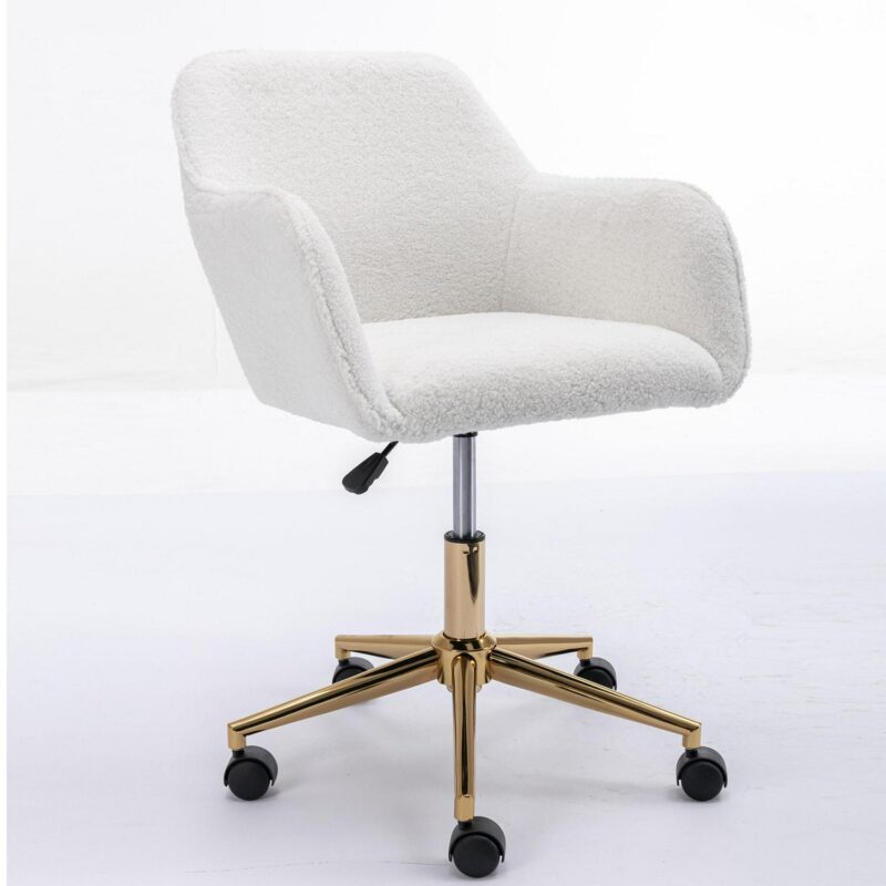 Clihome White Teddy Fabric Chairs White Contemporary Adjustable Height Swivel Fabric Desk Chair - Image 3