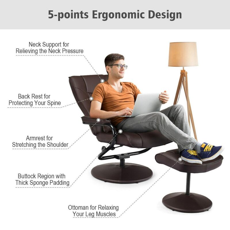 Costway Costway Brown Upholstered Swivel Recliner with Ottoman Set - Image 10