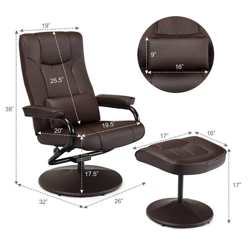 Costway Costway Brown Upholstered Swivel Recliner with Ottoman Set - Image 5
