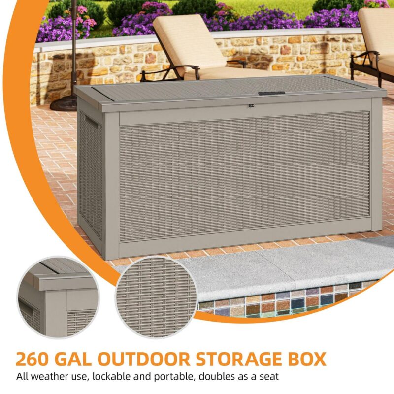 Dextrus 260 Gallon Large Outdoor Deck Box, Waterproof Resin Outdoor Storage Box,for Patio Garden,Lockable, Brown - Image 3