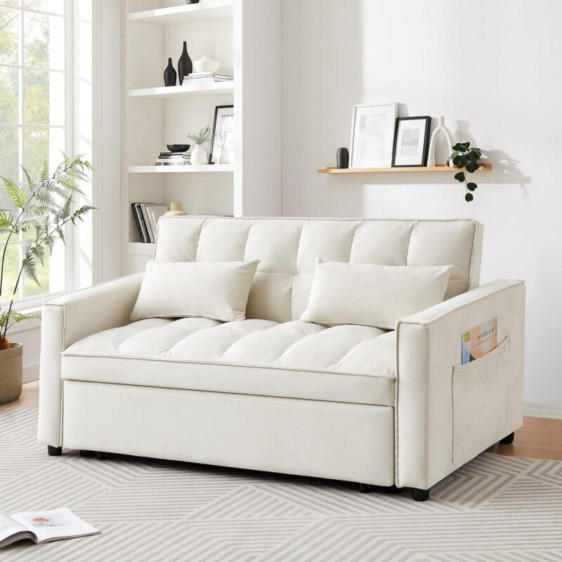 Dinosisco 3 in 1 Convertible Pull Out Sofa Bed, 55  Velvet Sleeper Loveseat, Beige - Image 7