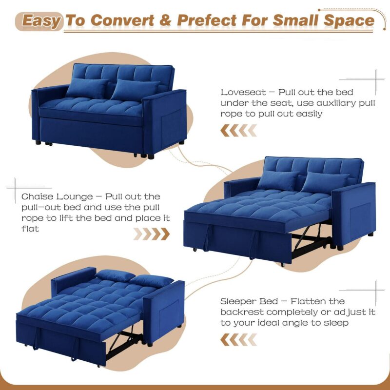 Dinosisco 3 in 1 Convertible Pull Out Sofa Bed, 55  Velvet Sleeper Loveseat, Cobalt Blue - Image 3